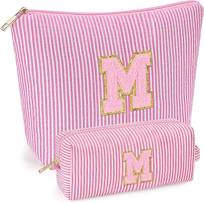 mibasies 2 PCS Initial Makeup Bags for Women: - Birthday Gifts for Teen Girls 11 12 13 14 15 16 Years Old - Preppy Trendy Stuff - Cosmetic Bag for Travel Toiletry - Pink M