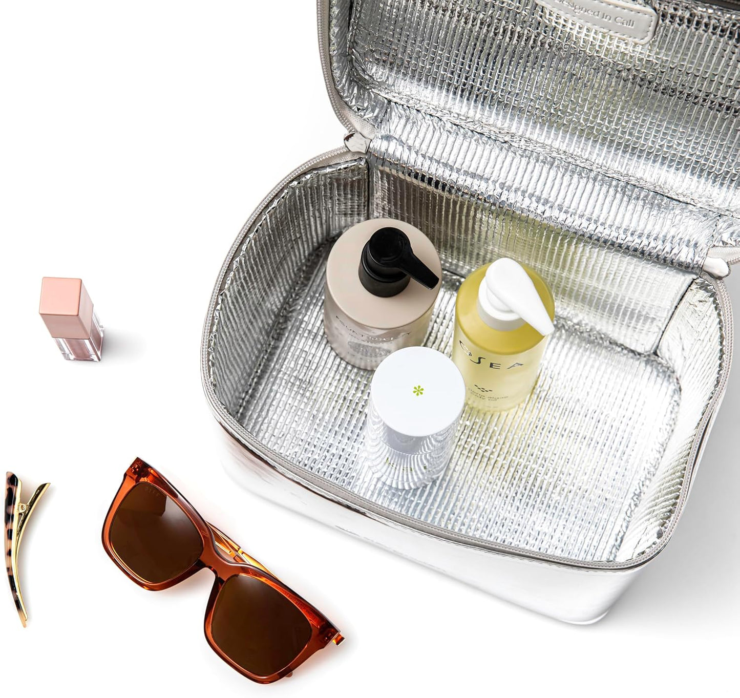 Large Insulated Metallic Silver Travel Makeup Case - Waterproof Vegan Leather Beauty Travel Skincare Bag - Heat-Resistant Zippered Designer Makeup Bag Shields Cosmetics from Melting, Freezing