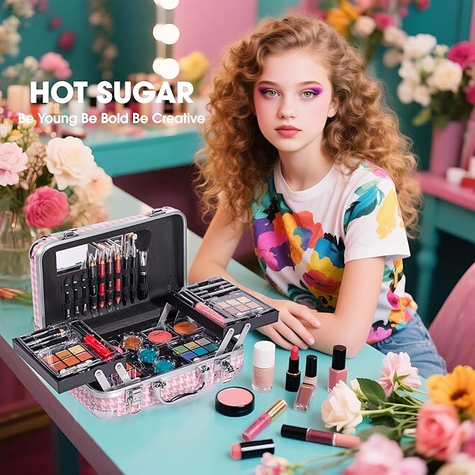 Hot Sugar All In One Makeup Set for Adults and Girls-Full Makeup Kit for Beginners Includes Eye Shadow Palette Blush Lip Gloss Lipstick Lip Pencil Eye Pencil Brush Mirror (Pink Houndstooth)