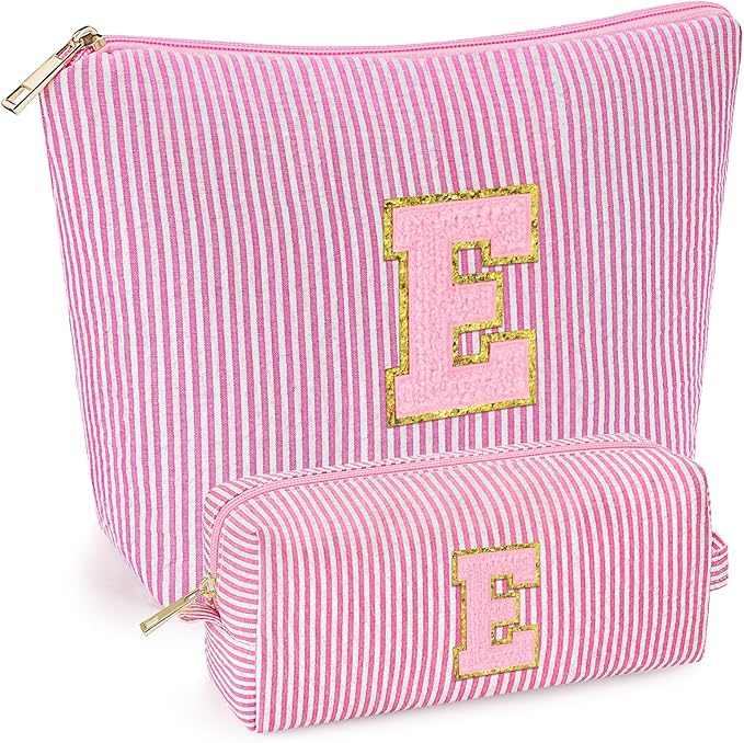 mibasies 2 PCS Initial Makeup Bags for Women: - Birthday Gifts for Teen Girls 11 12 13 14 15 16 Years Old - Preppy Trendy Stuff - Cosmetic Bag for Travel Toiletry - Pink E