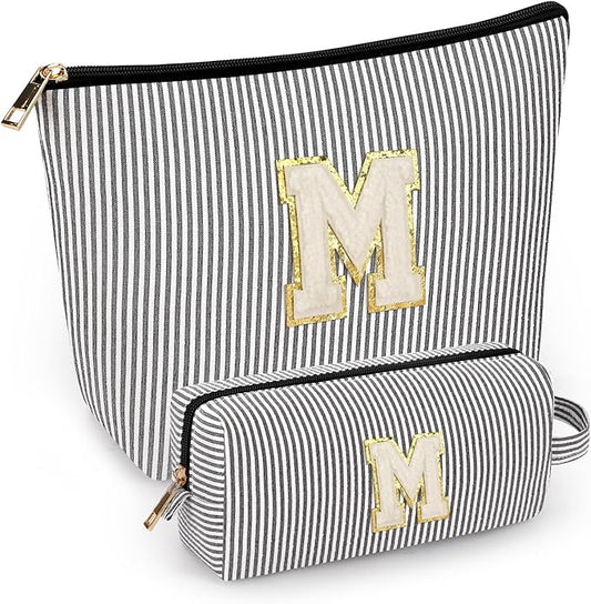 mibasies 2 PCS Initial Makeup Bags: Mothers Day Gifts for Women - Best Friend Birthday Gifts Graduation Gifts Wedding Bridesmaid Girlfriend Wife Daughter Sister Girl Gifts - Black M