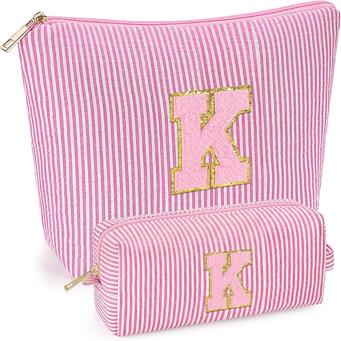 mibasies 2 PCS Initial Makeup Bags for Women: - Birthday Gifts for Teen Girls 11 12 13 14 15 16 Years Old - Preppy Trendy Stuff - Cosmetic Bag for Travel Toiletry - Pink K