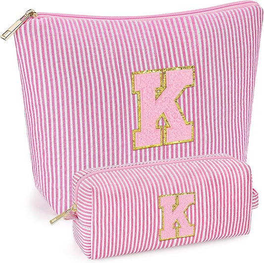 mibasies 2 PCS Initial Makeup Bags for Women: - Birthday Gifts for Teen Girls 11 12 13 14 15 16 Years Old - Preppy Trendy Stuff - Cosmetic Bag for Travel Toiletry - Pink K