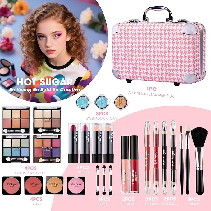 Hot Sugar All In One Makeup Set for Adults and Girls-Full Makeup Kit for Beginners Includes Eye Shadow Palette Blush Lip Gloss Lipstick Lip Pencil Eye Pencil Brush Mirror (Pink Houndstooth)