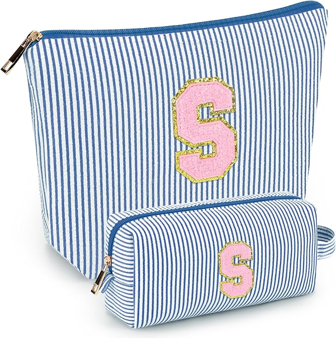 mibasies 2 PCS Initial Makeup Bags for Women: - Birthday Gifts for Teen Girls 11 12 13 14 15 16 Years Old - Preppy Trendy Stuff - Cosmetic Bag for Travel Toiletry - Blue S