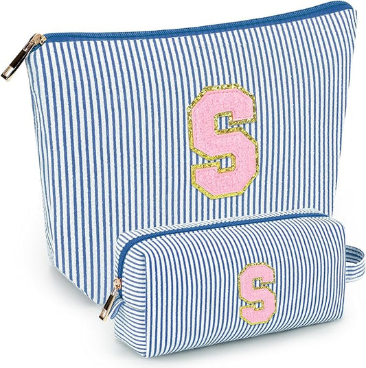 mibasies 2 PCS Initial Makeup Bags for Women: - Birthday Gifts for Teen Girls 11 12 13 14 15 16 Years Old - Preppy Trendy Stuff - Cosmetic Bag for Travel Toiletry - Blue S