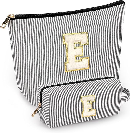 mibasies 2 PCS Initial Makeup Bags for Women: Cosmetic Bag for Travel Toiletry - Personalized Cute Makeup Pouch - Gifts for Grilfriend Wife Moms Bridesmaid - Retirement Travel Gifts - Black E