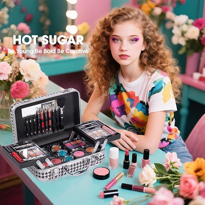 Hot Sugar All In One Makeup Set for Adults and Girls-Full Makeup Kit for Beginners Includes Eye Shadow Palette Blush Lip Gloss Lipstick Lip Pencil Eye Pencil Brush Mirror (Black Houndstooth)